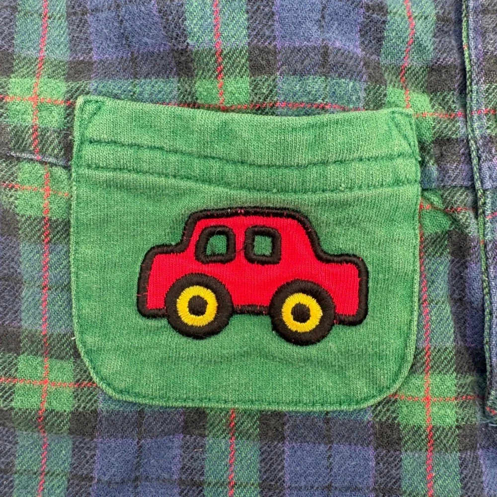 Vintage Gymboree Plaid Car Applique Romper Green Navy‎ Blue Infant 100% Cotton